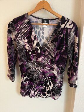 Libra Abstract Animal Print Ruched Faux-Wrap Top in Purple